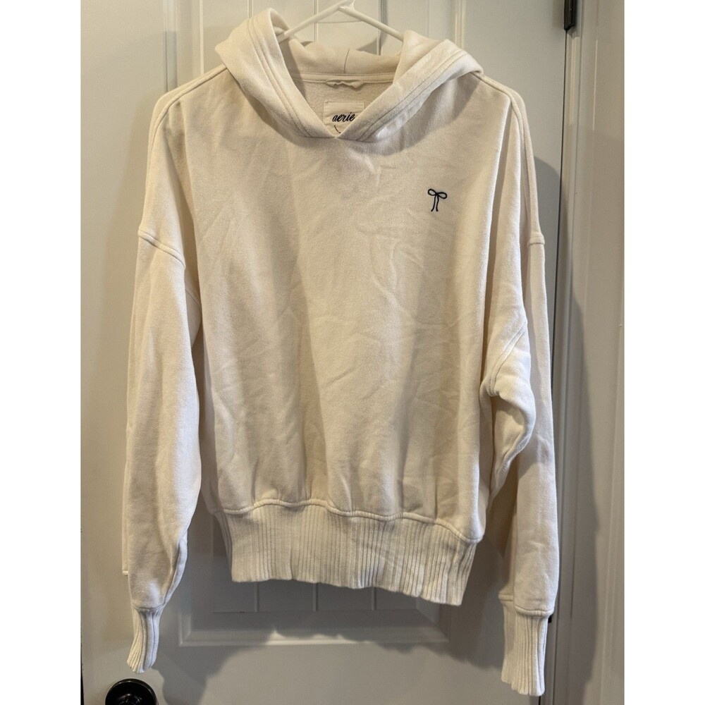 Aerie Real Women's Ivory Pullover Hoodie XS Embroidered Bow Logo Fleece